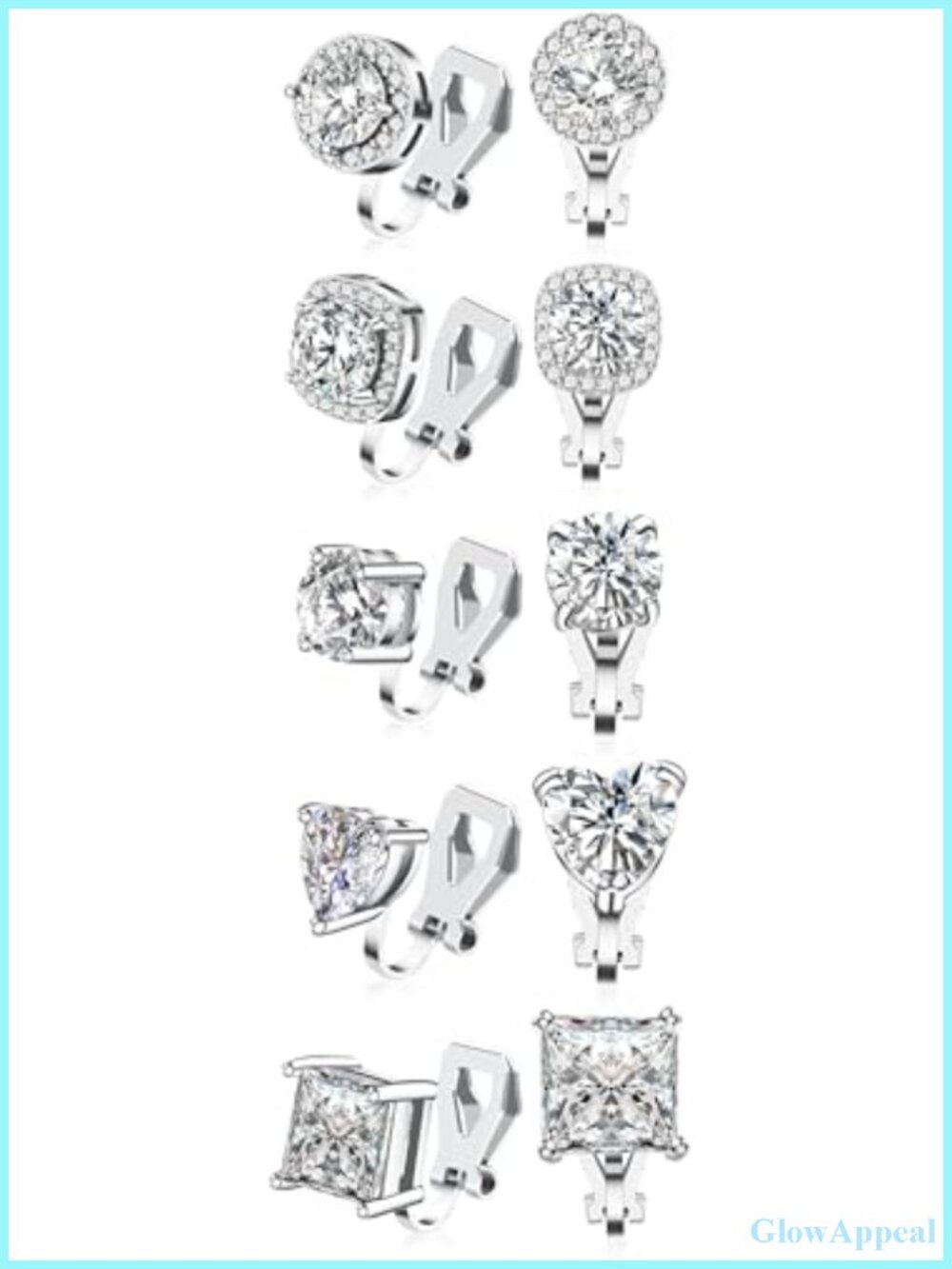Clip On Earrings Set of 5 Pairs Cubic Zirconia Non Pierced Hypoallergenic Women